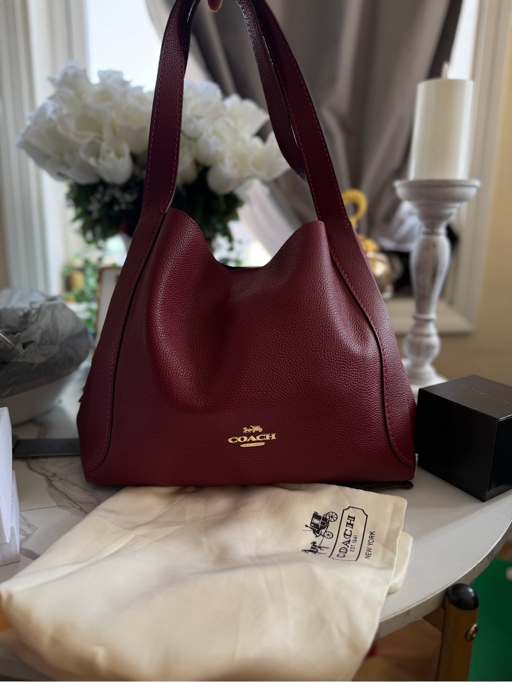 Coach Burgundy Pebbled Leather Shoulder Bag with Gold Logo